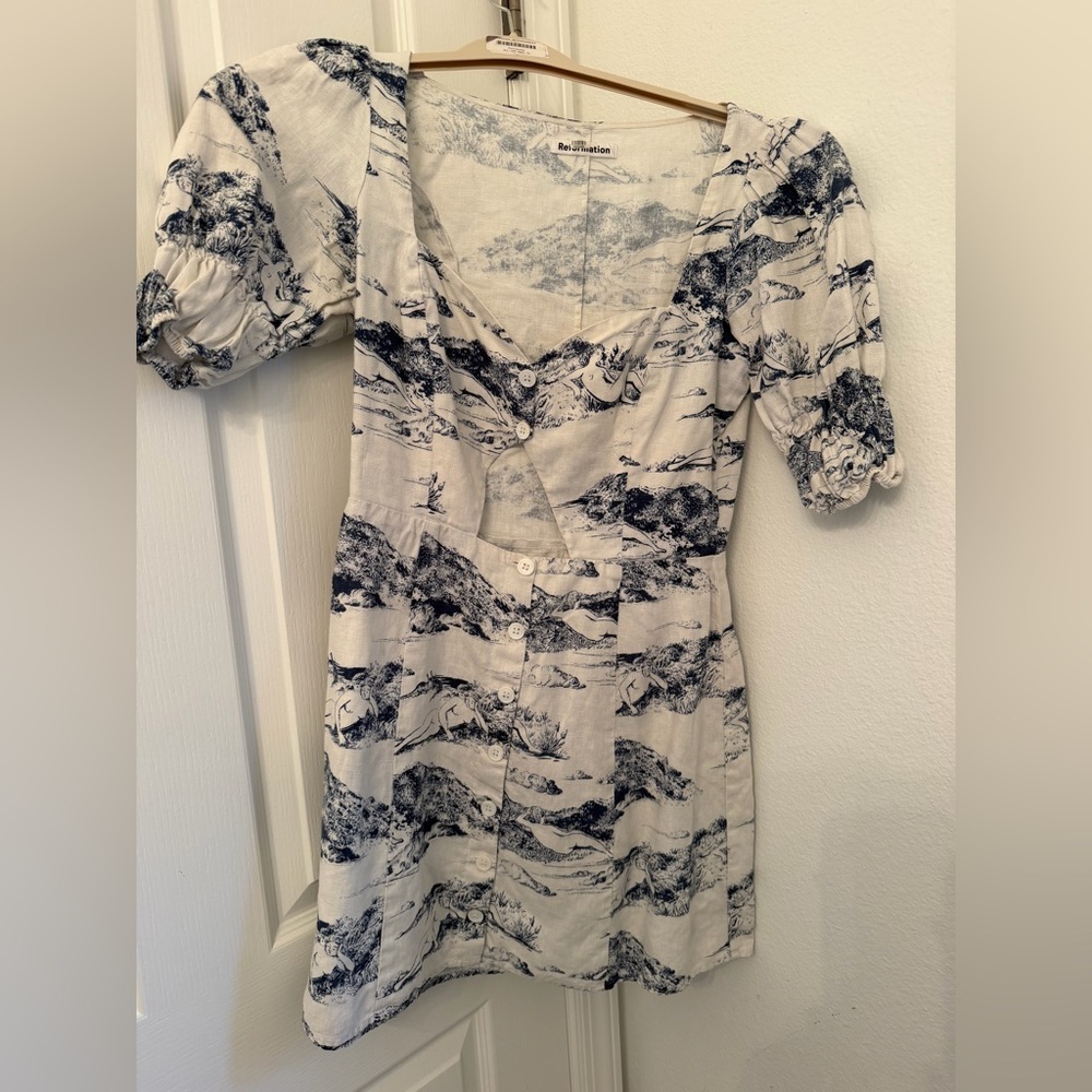Reformation Cream and Navy Midi Dress